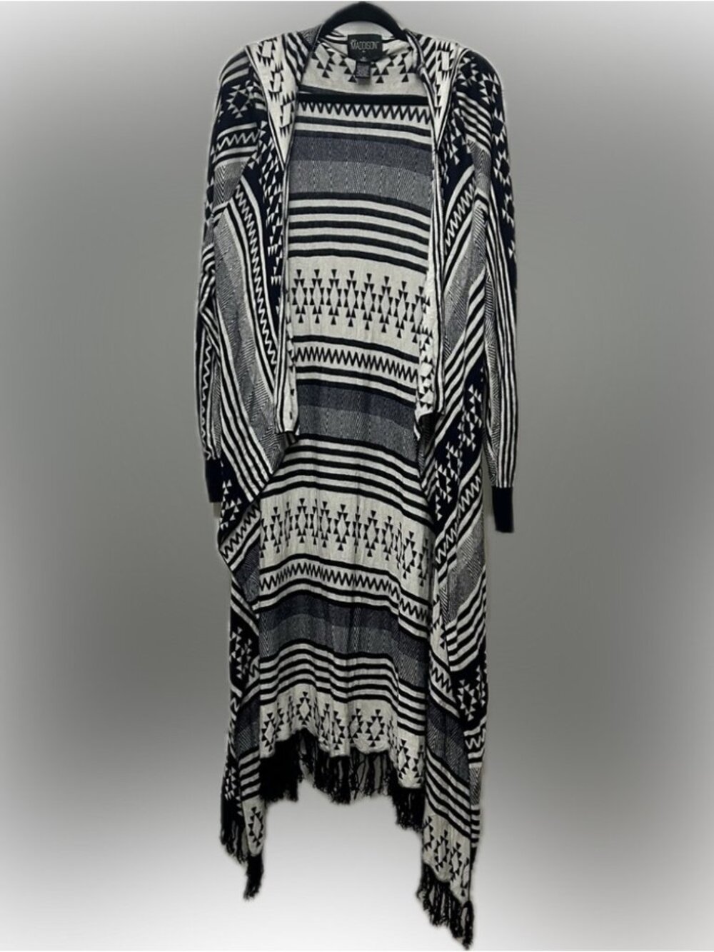 Hooded Boho Fringe Cardigan Duster Black white Like New